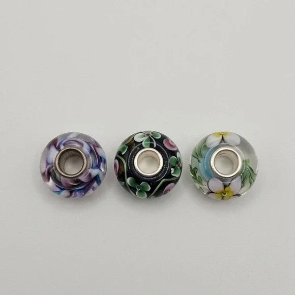 Artistic 3pc Floral Lampwork Glass European Charm Multicolor Silver Tone Core - Picture 2 of 6